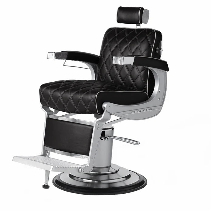 Takara Belmont Elegance 225 Diamond Stitch barber chair in black with a silver frame