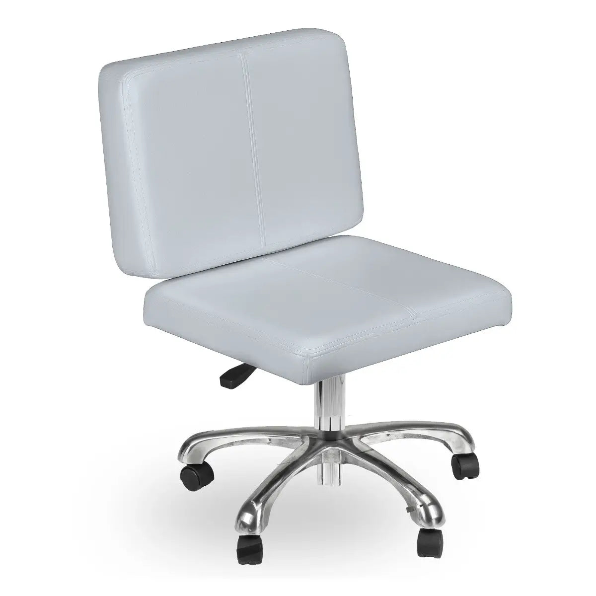Sterling gray Duet mani-pedi stool with square padded seat, backrest and chrome caster base