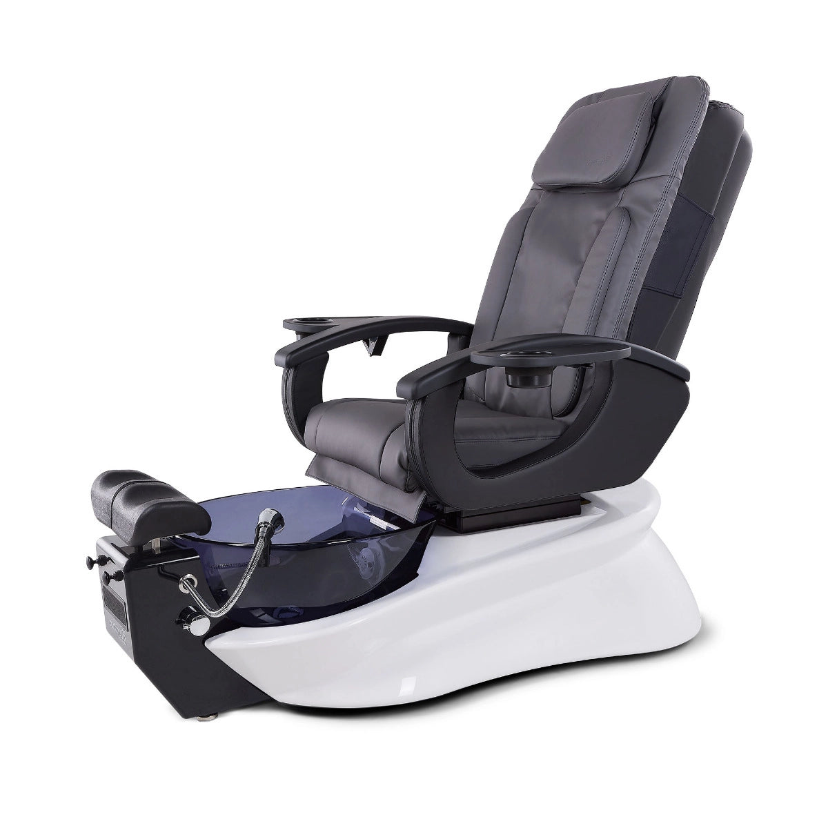 Le Rêve LX pedicure spa with gray upholstery and water-filled bowl in a white base