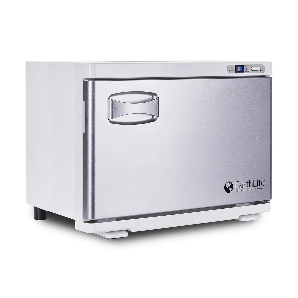Front angled view of the white Earthlite Standard hot towel cabinet