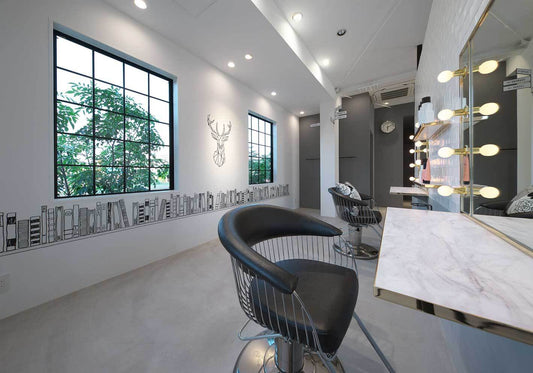 Takara Belmont Harp styling chair beside a salon mirror and product counter