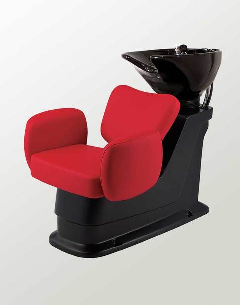 Takara Belmont Bellus shampoo backwash unit with red upholstery and a black bowl