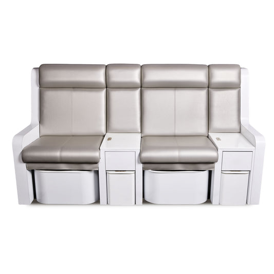 Front view of the Adapta pedicure bench with gray padded seats and footbaths concealed