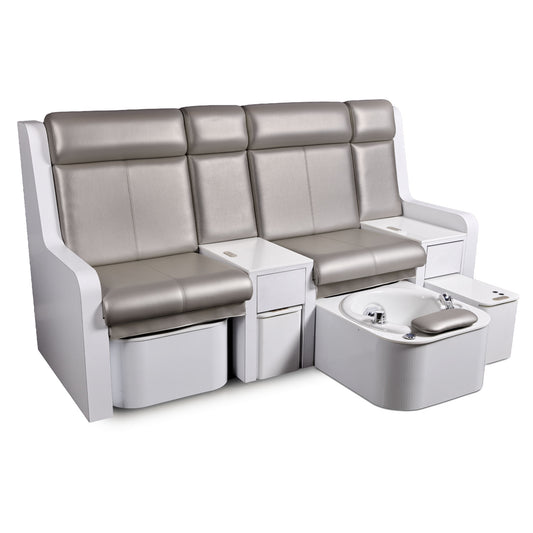 Adapta pedicure bench with one footbath and trolley extended below the padded seats