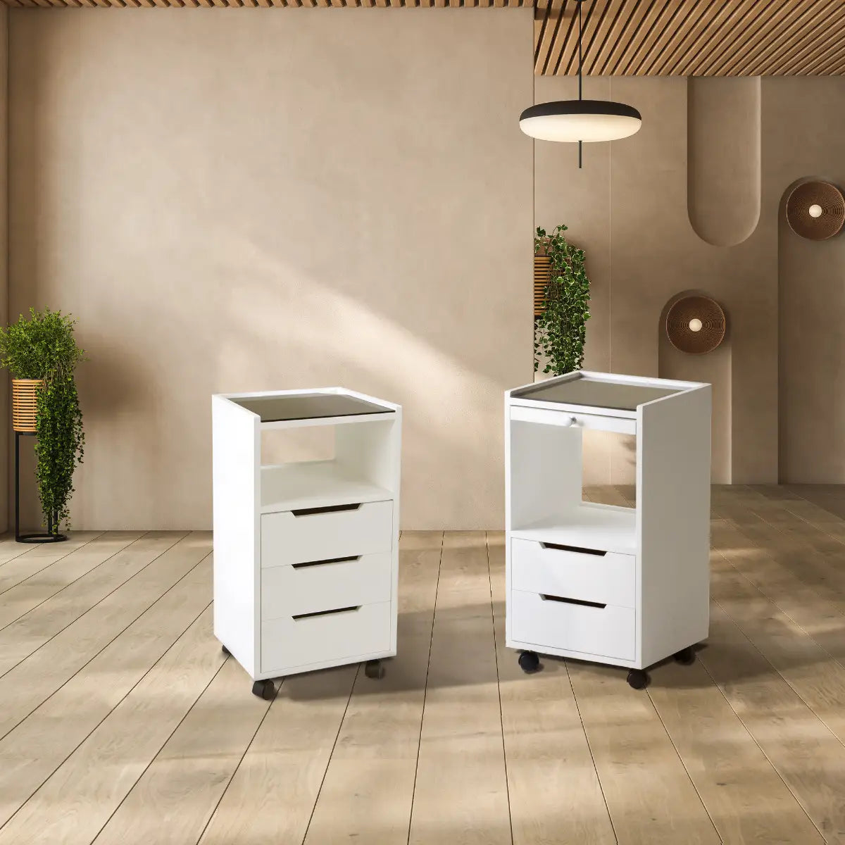 White Living Earth Crafts Alpha 2 and Alpha 3 trolleys in a spa interior