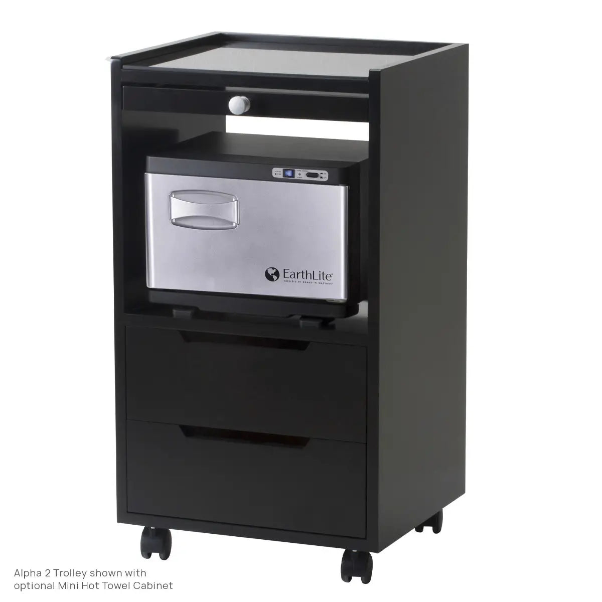 Black Living Earth Crafts Alpha 2 trolley with a Mini hot towel cabinet on the shelf