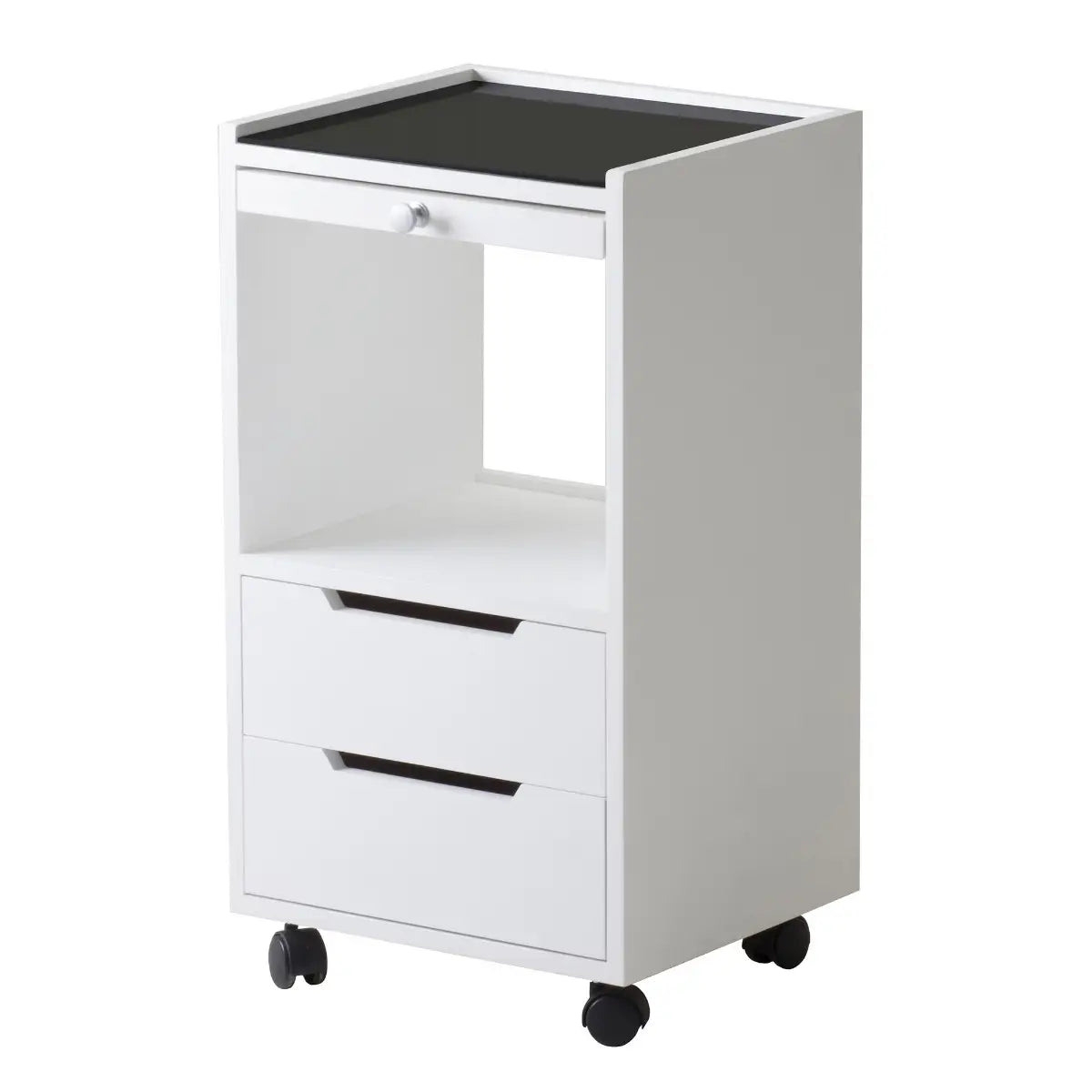 White Living Earth Crafts Alpha 2 trolley with drawers, open shelf and caster wheels