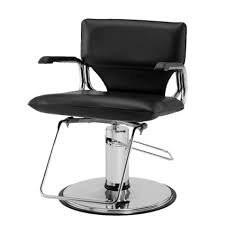 Black Takara Belmont Captain II styling chair with chrome arms, round base and footrest