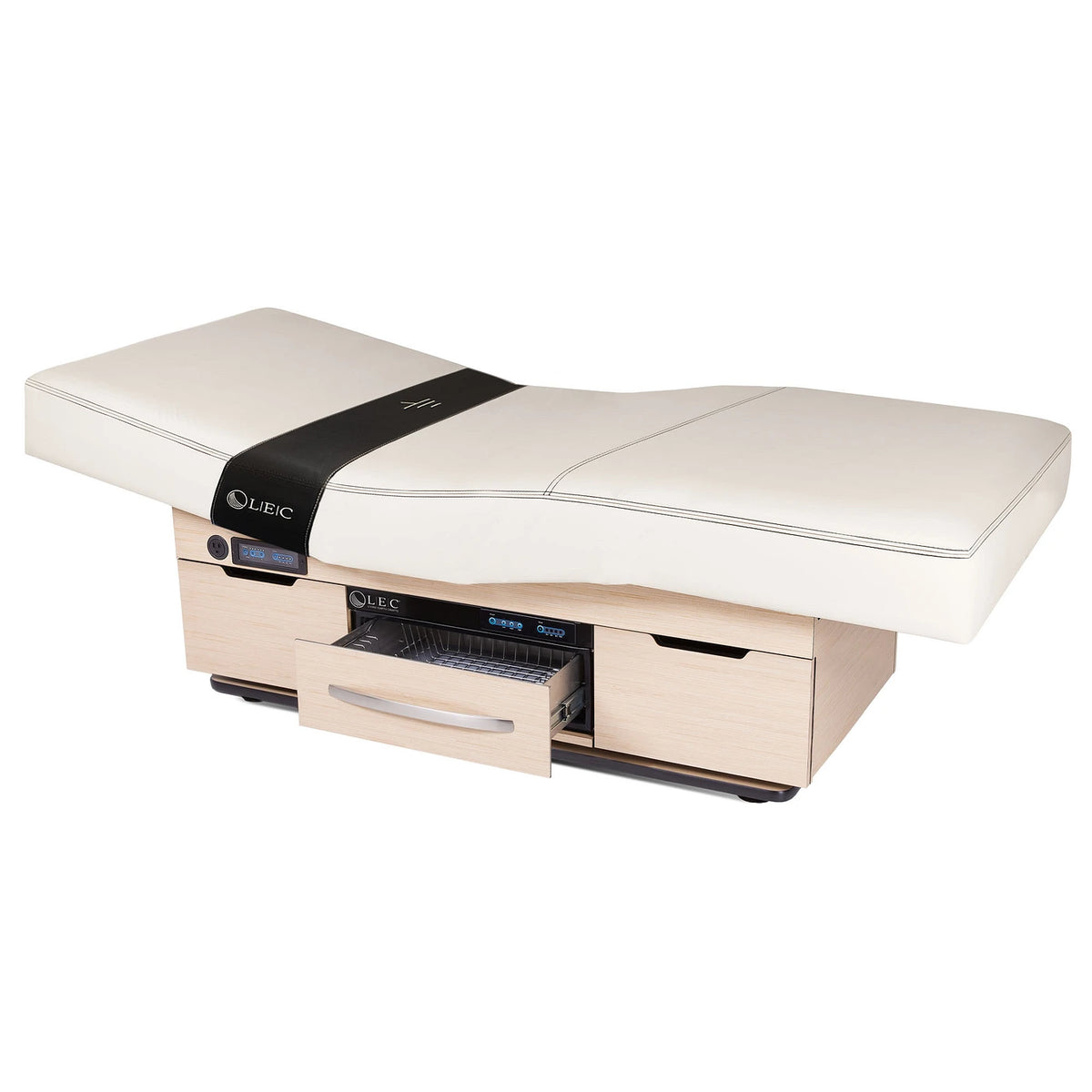 Living Earth Crafts Century City treatment table with white upholstery and open warming drawer