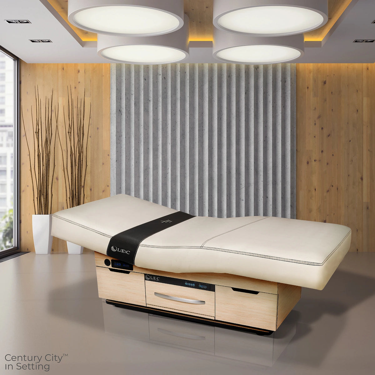 Living Earth Crafts Century City treatment table in a wood-paneled spa treatment room