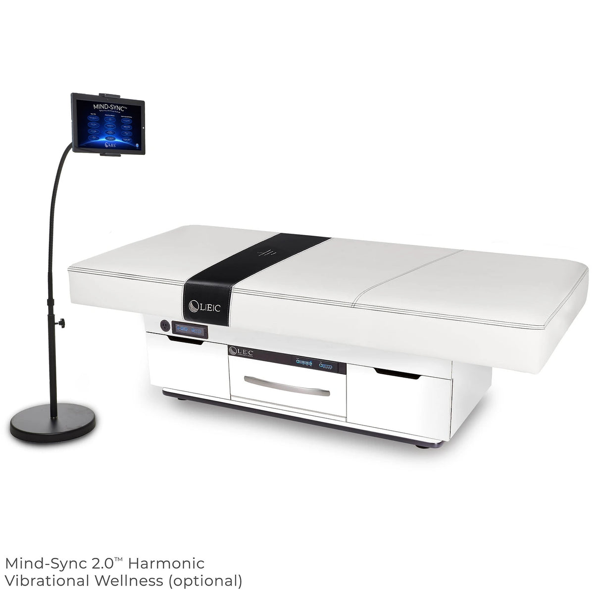 White Living Earth Crafts Century City treatment table beside a Mind-Sync 2.0 screen and stand