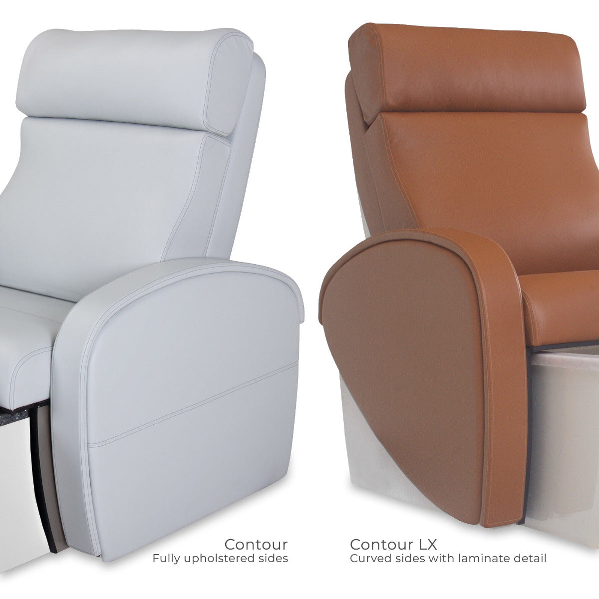 Side-by-side Contour and Contour LX chairs showing fully upholstered sides and wood trim