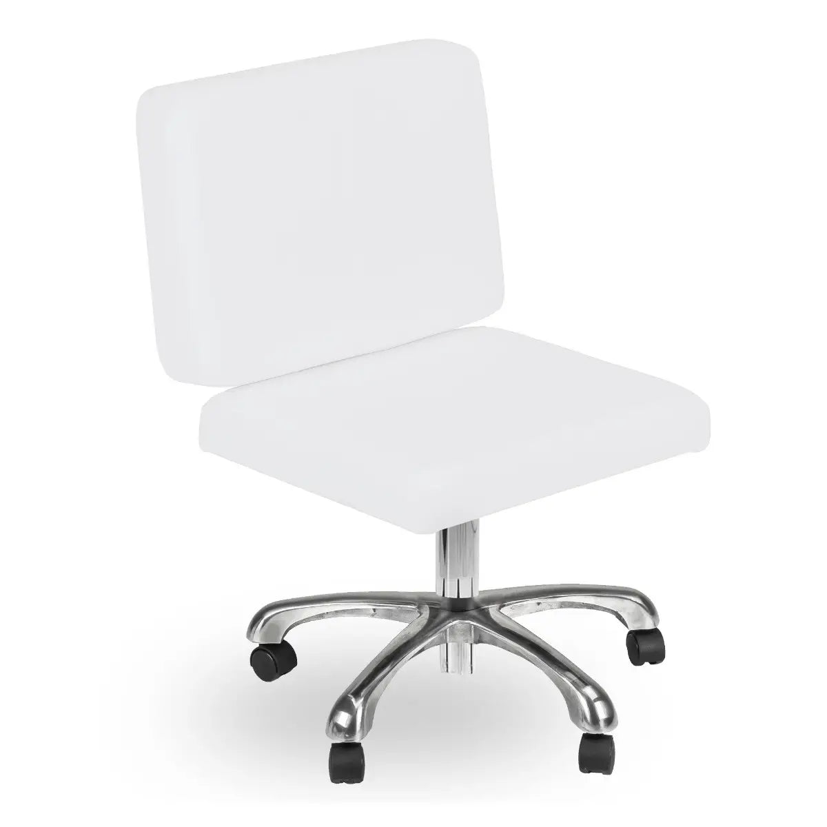 White Duet mani-pedi stool with square padded seat, backrest and chrome caster base