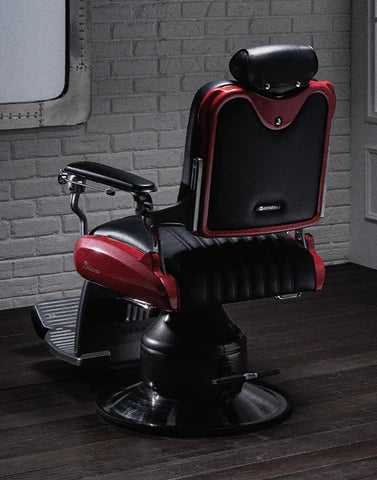 Rear and side view of the Legacy 100 Vintage Stripe barber chair with metallic red body