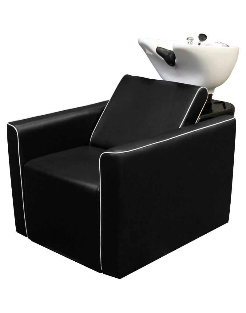 Black Takara Belmont Lusso shampoo unit with white bowl and contrasting upholstery piping