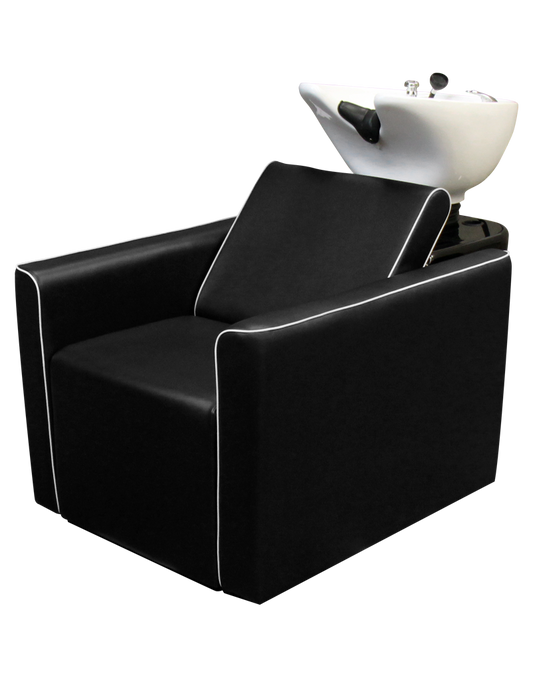 Black Takara Belmont Lusso shampoo unit with white bowl and contrasting upholstery piping