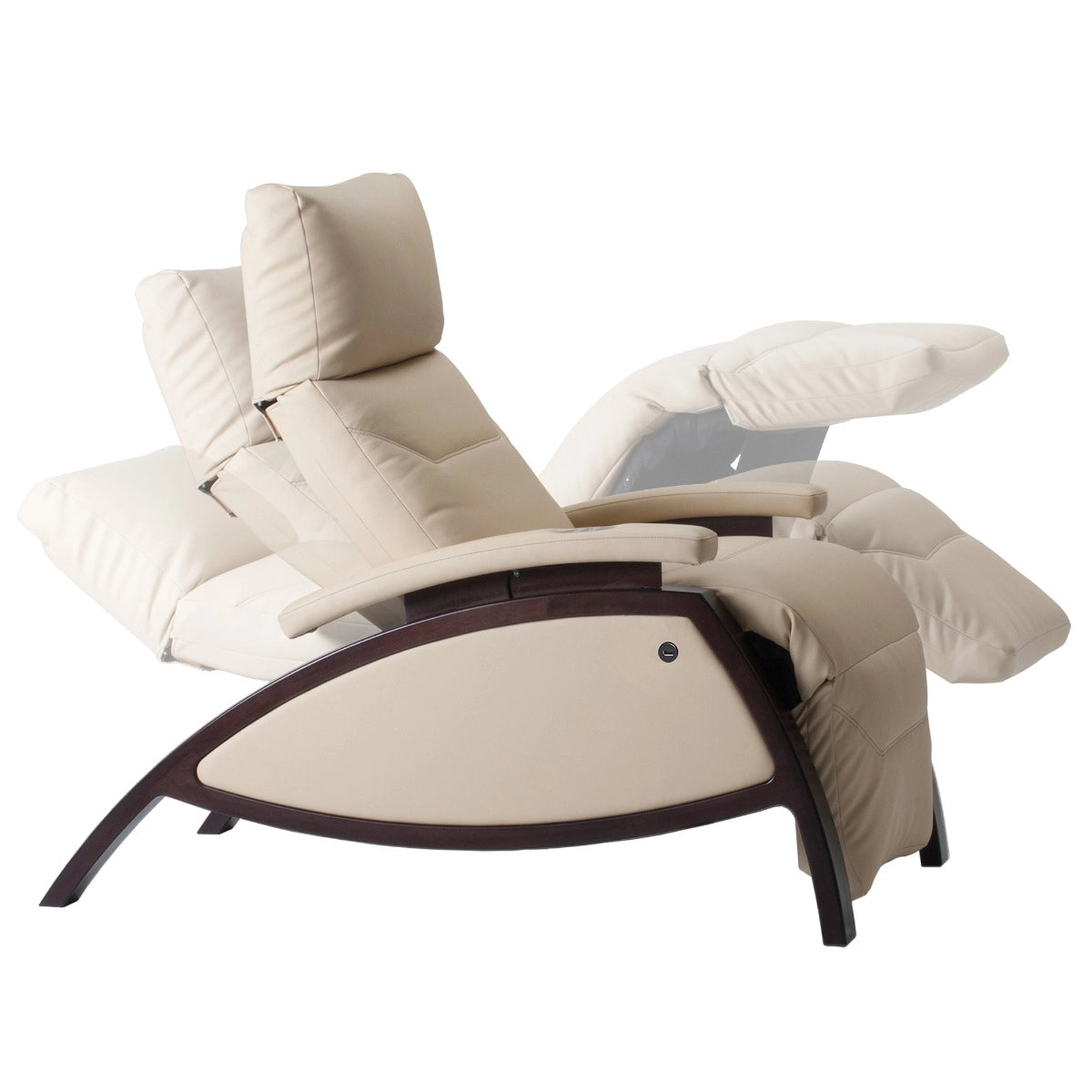 Living Earth Crafts ZG Dream lounger reclined with ivory upholstery and extended arm supports