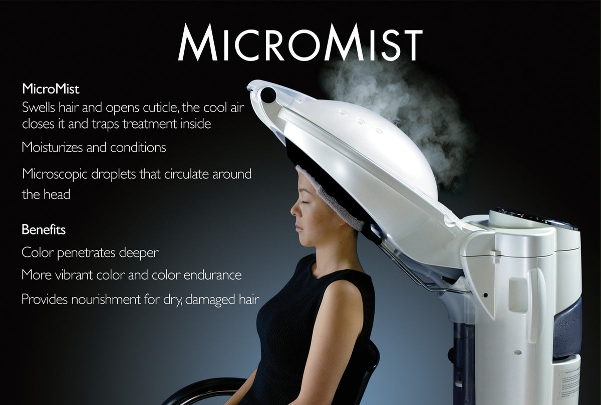 Takara Belmont MicroMist promotional graphic showing a client under the mist processor