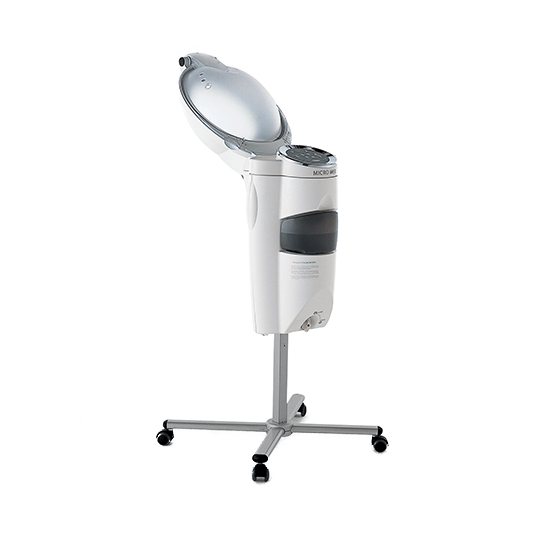 Takara Belmont Micromist deep conditioning processor with raised hood on a wheeled stand