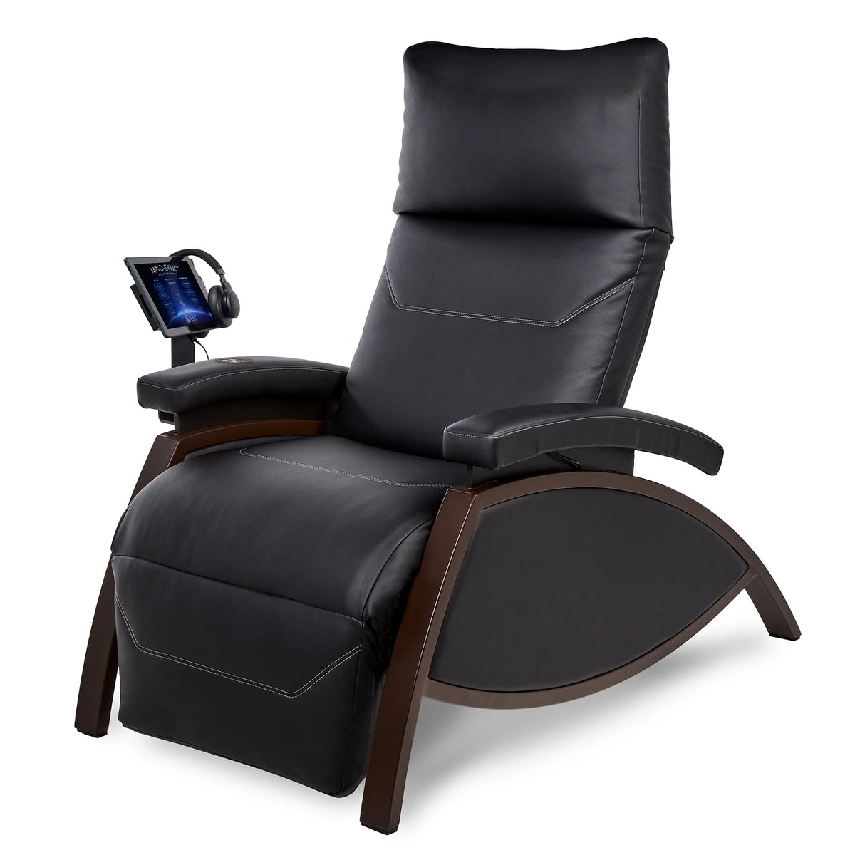 Black Living Earth Crafts Mind-Sync 2.0 wellness lounger with curved wood frame and screen