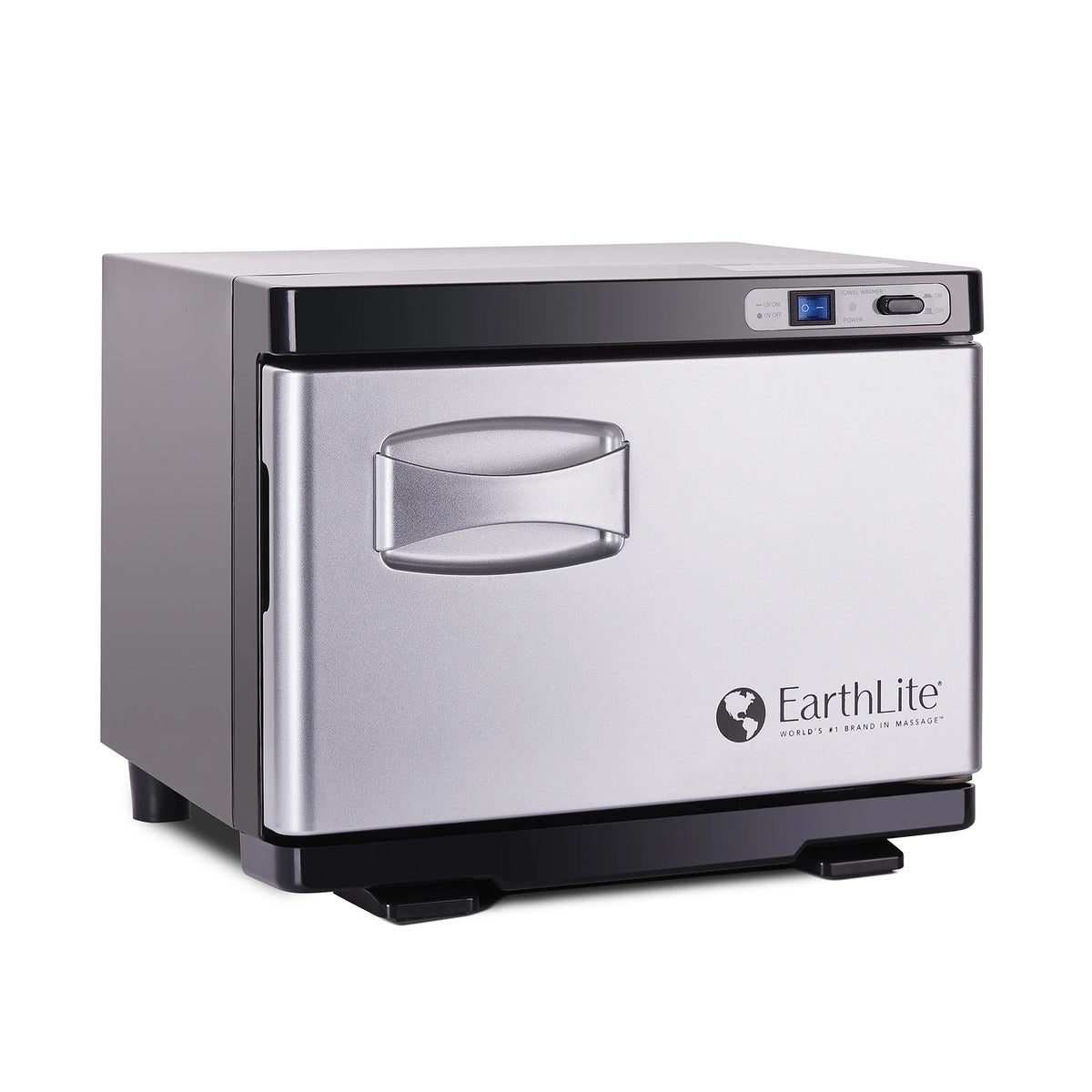 Black Earthlite Mini hot towel cabinet with closed door and digital control