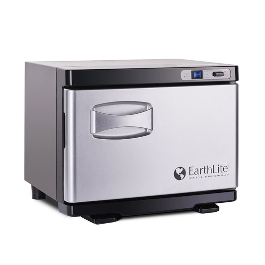 Black Earthlite Mini hot towel cabinet with closed door and digital control
