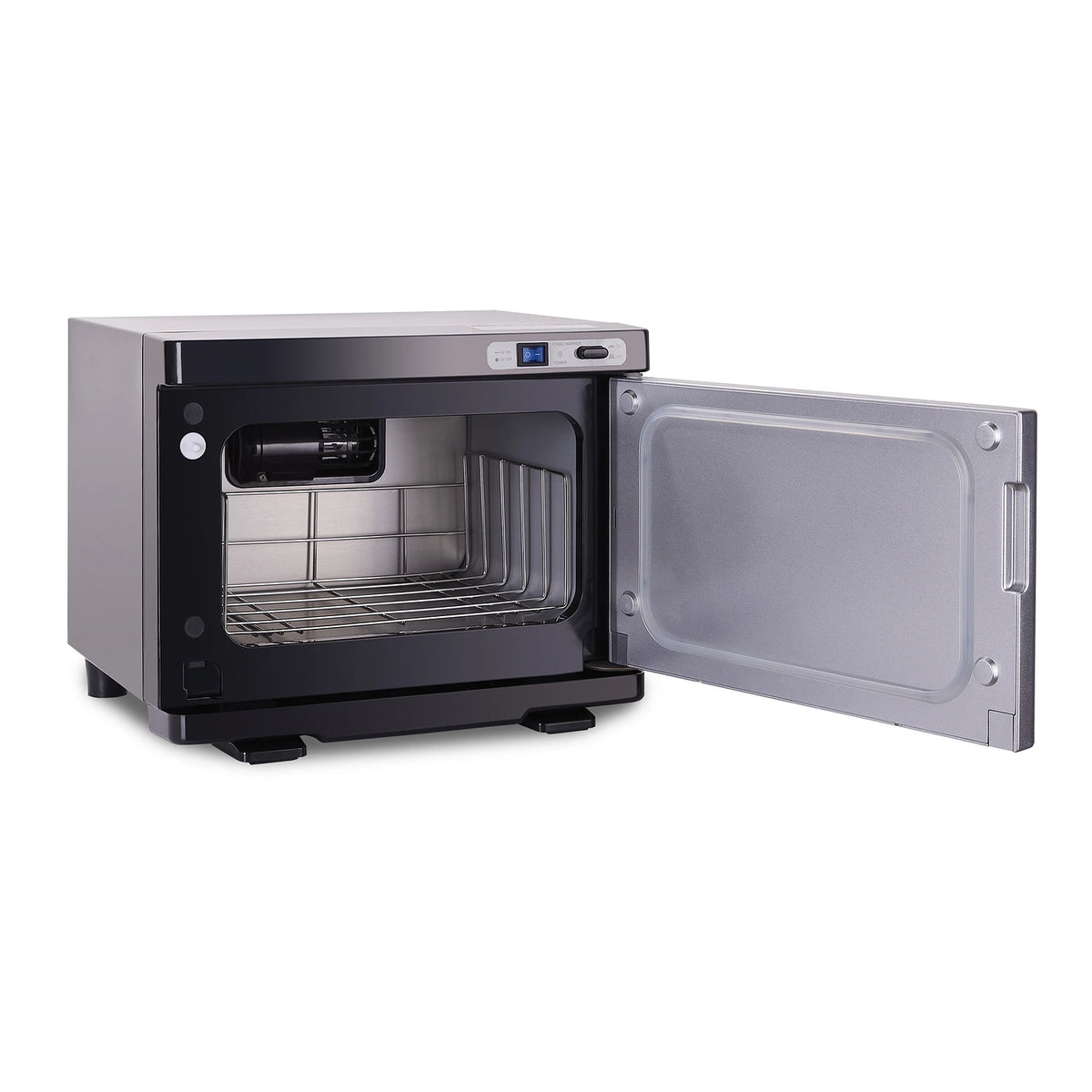 Black Earthlite Mini hot towel cabinet with open door and empty wire shelf