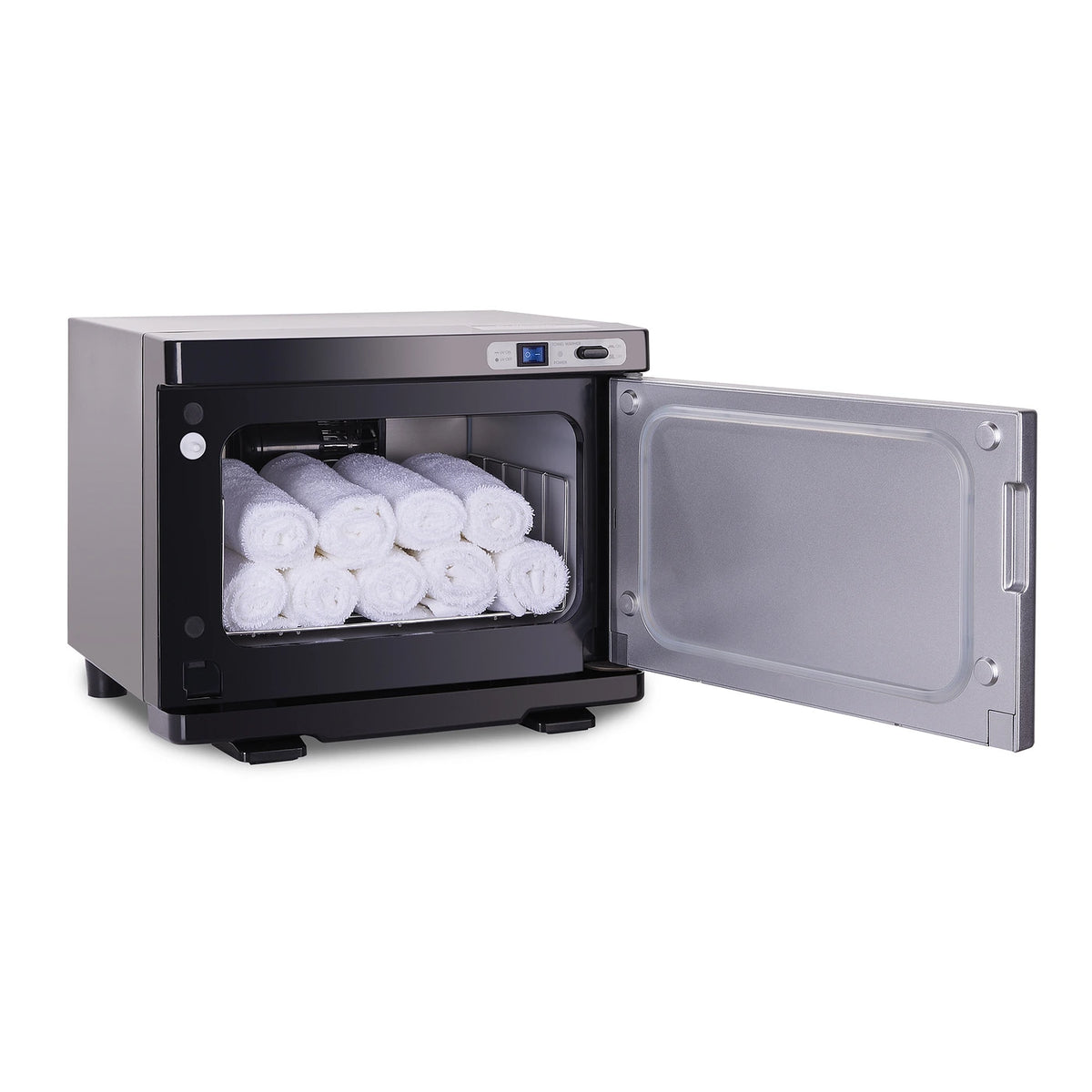Black Earthlite Mini hot towel cabinet open with rolled towels inside