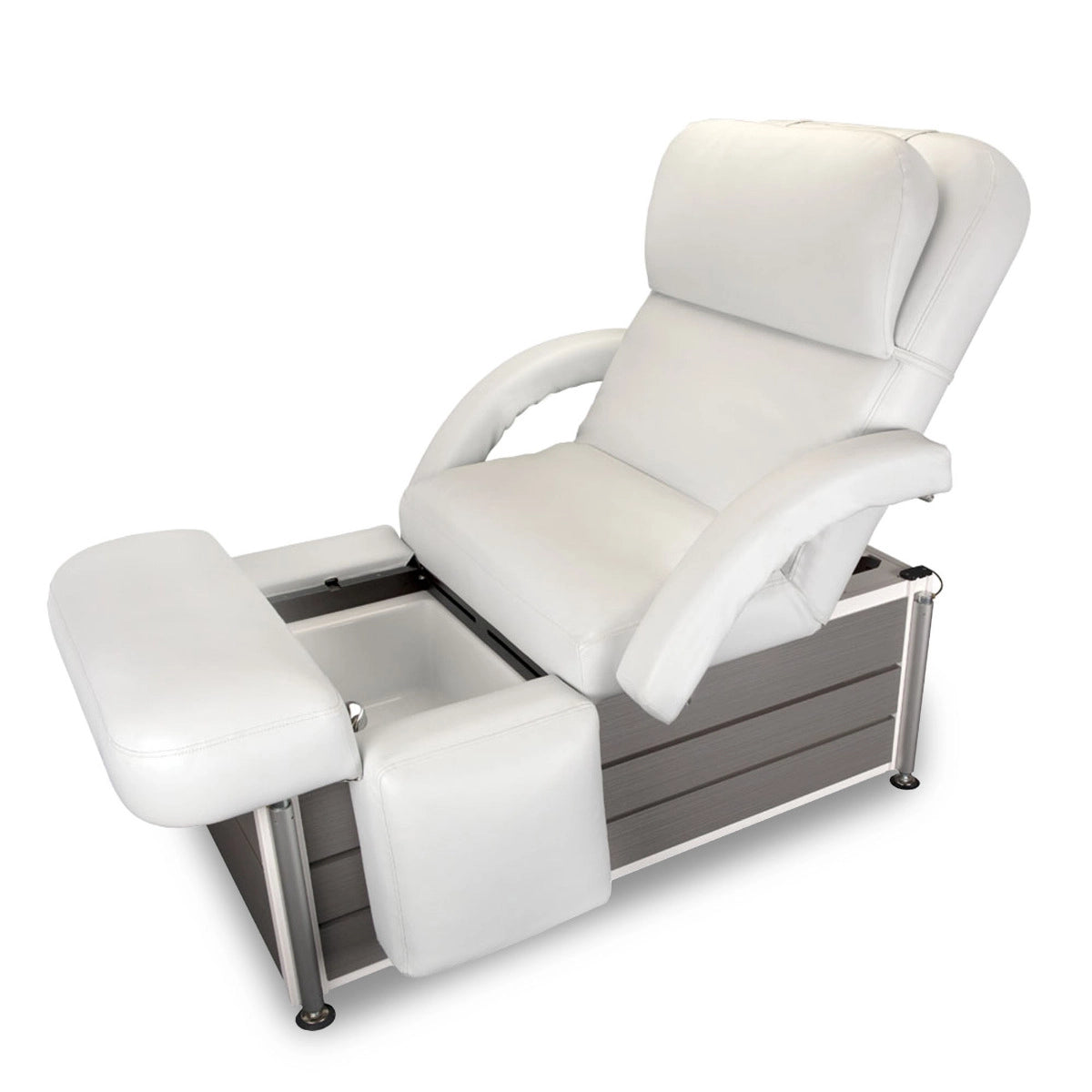 Living Earth Crafts Pan Pacific convertible treatment chair with white upholstery and open pedicure section