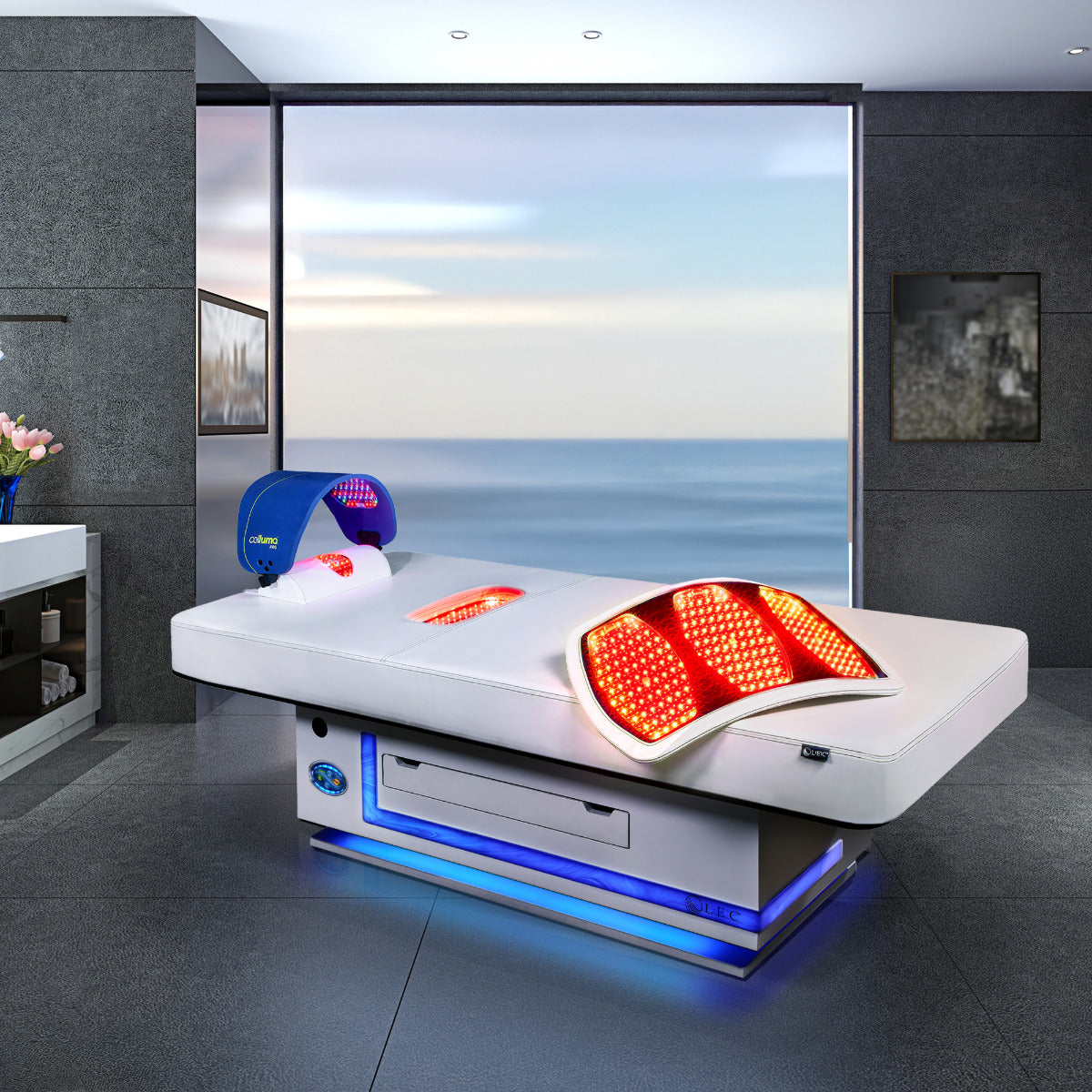 Living Earth Crafts Radiance PT LED treatment table illuminated in a room overlooking the ocean