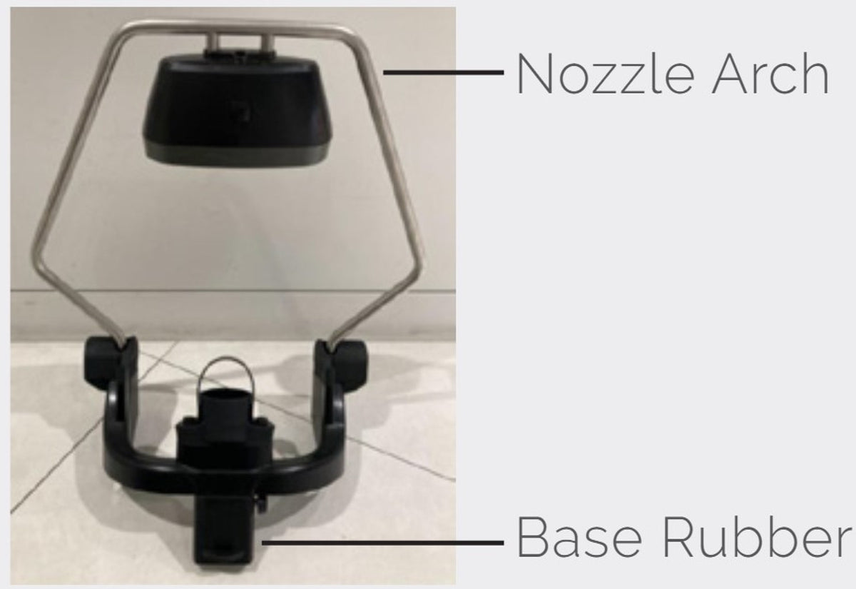 Takara Belmont YUME Head Bath diagram identifying the nozzle arch and base rubber