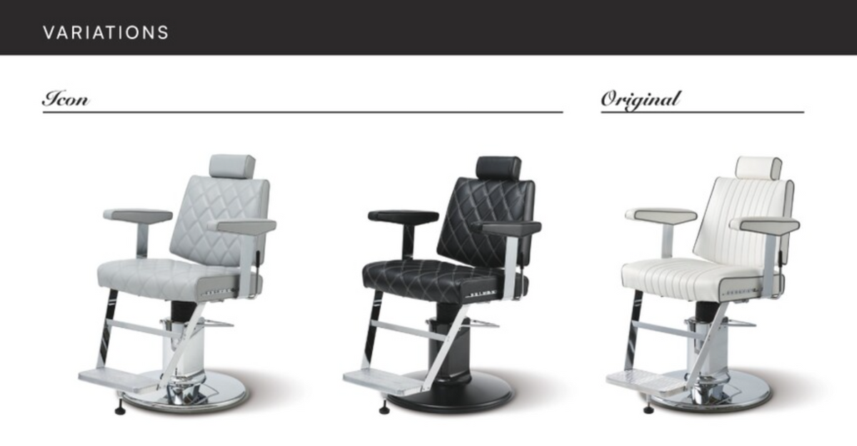 Dainty Icon barber chairs in grey and black beside the original white Takara Belmont Dainty