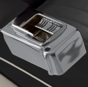 Chrome ashtray fitted into a Takara Belmont BB-225 barber chair armrest