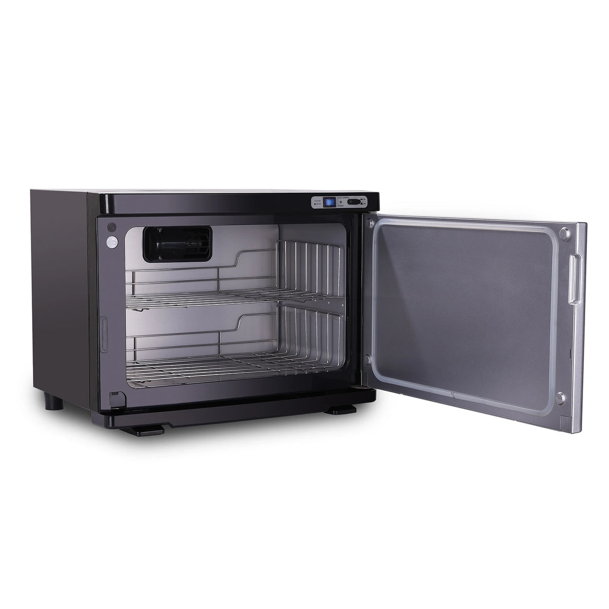 Black Earthlite Standard hot towel cabinet with open door and empty shelves