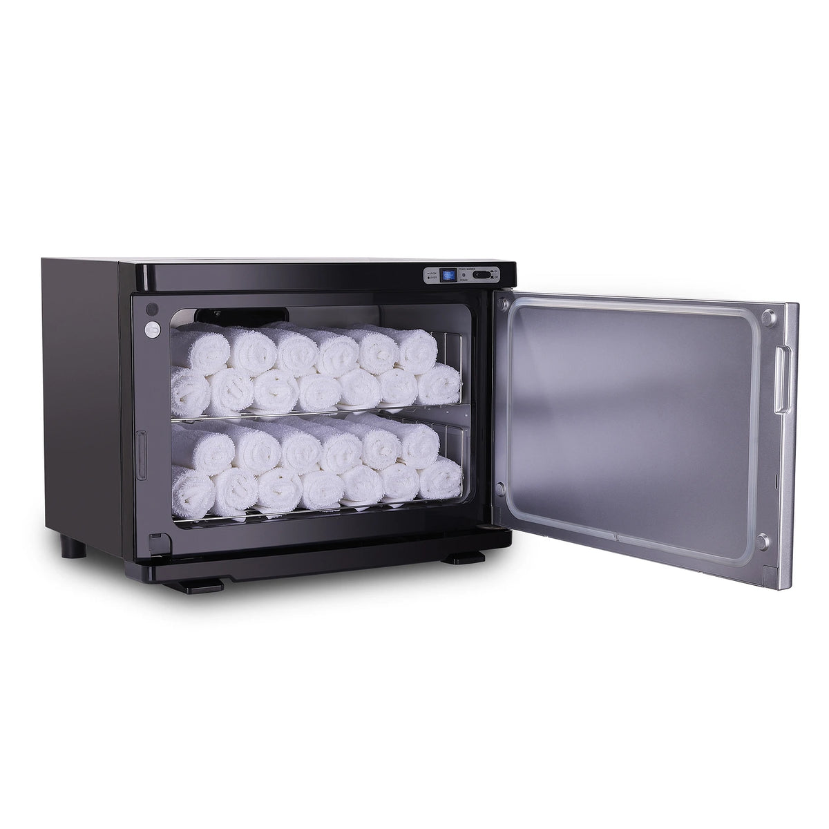 Black Earthlite Standard hot towel cabinet open with two shelves of rolled towels