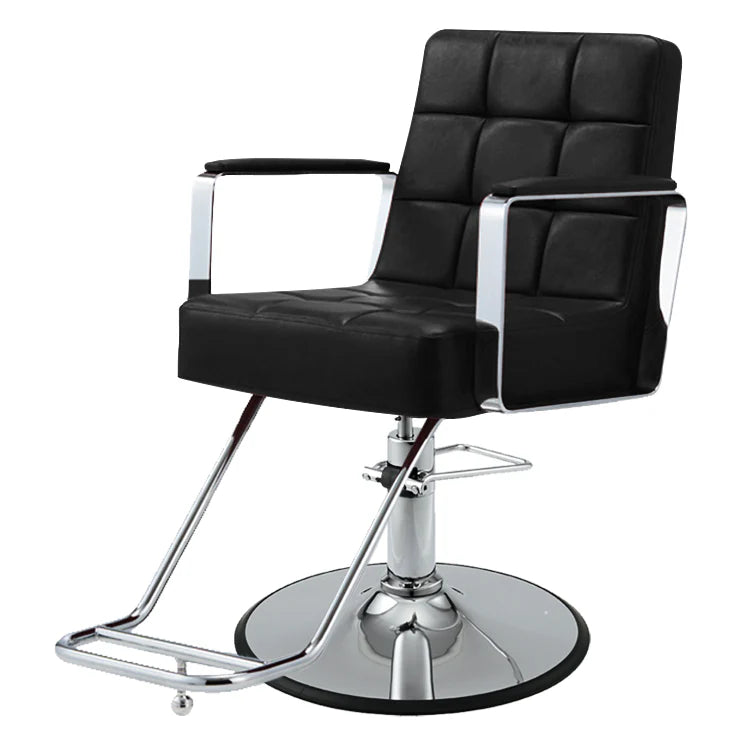 Black Takara Belmont Choco styling chair with square quilted upholstery and chrome base
