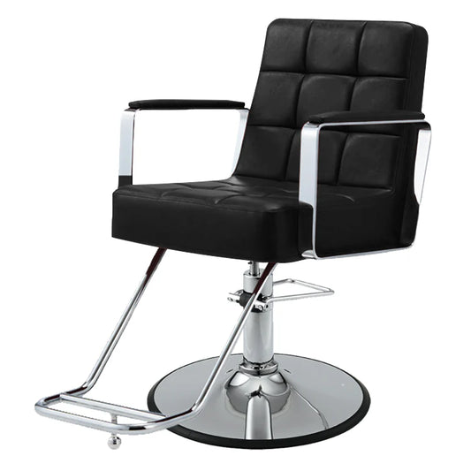 Black Takara Belmont Choco styling chair with square quilted upholstery and chrome base