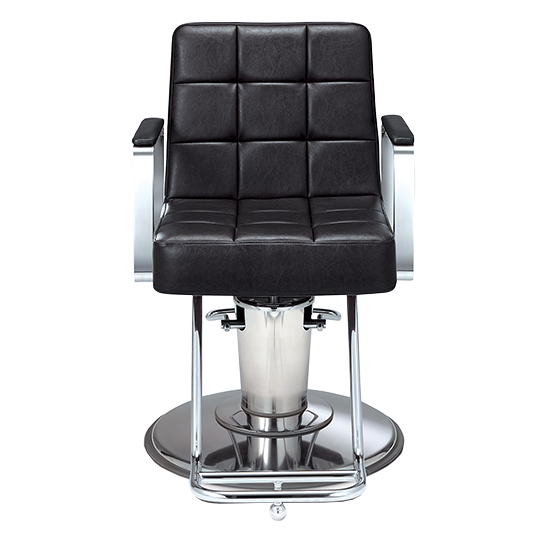 Front view of a black Takara Belmont Choco styling chair with square padded upholstery