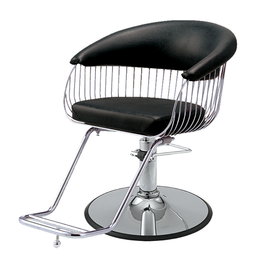 Black Takara Belmont Harp styling chair with metal spindle sides and round chrome base