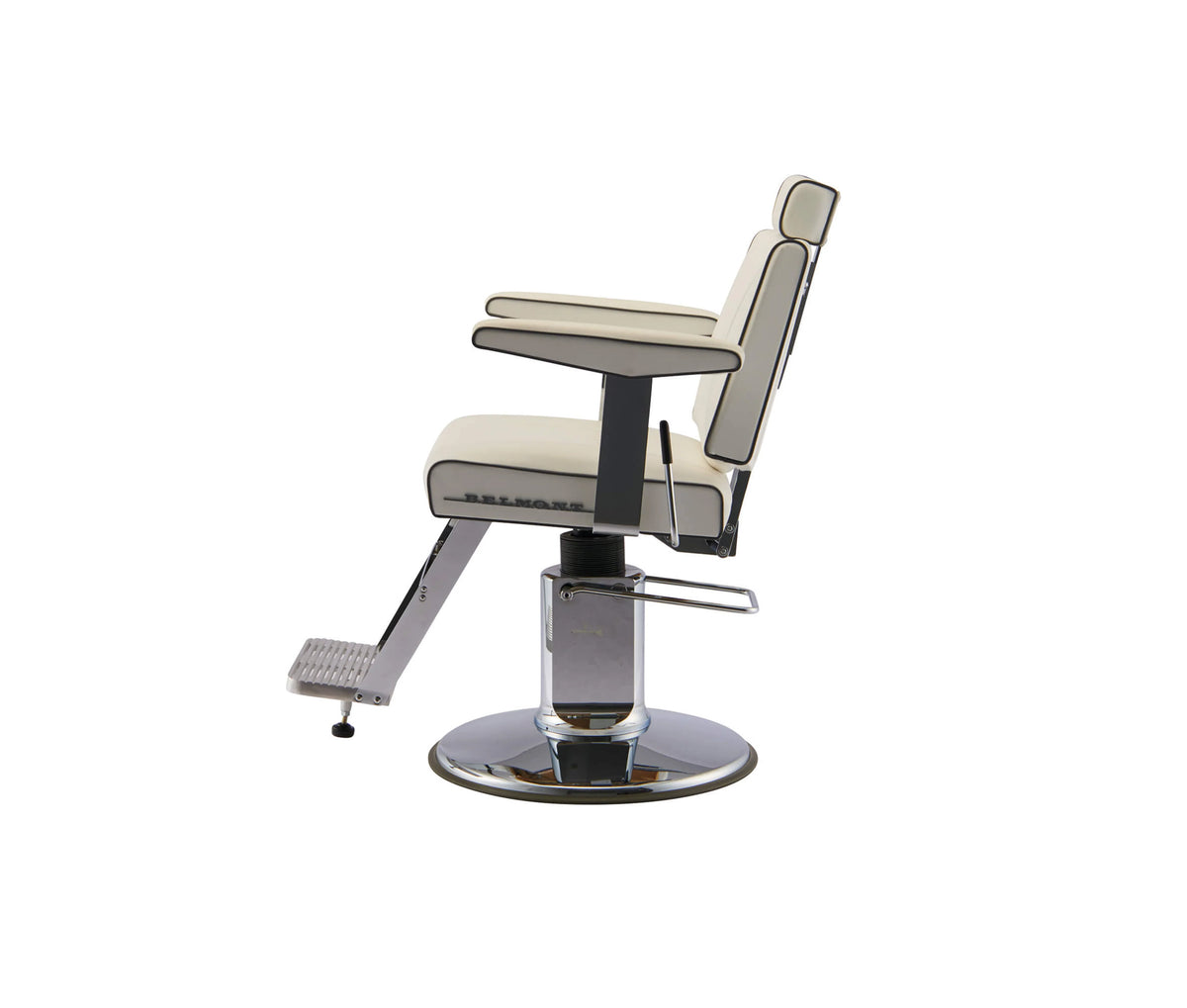Left side view of Takara Belmont Dainty barber chair in white on a chrome slim85 base 