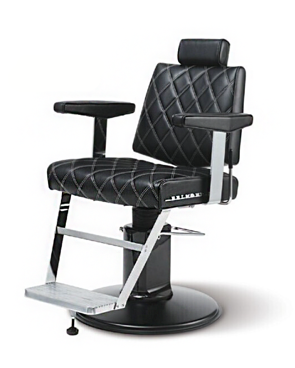 Takara Belmont Dainty Icon barber chair with black diamond-stitched upholstery and black base