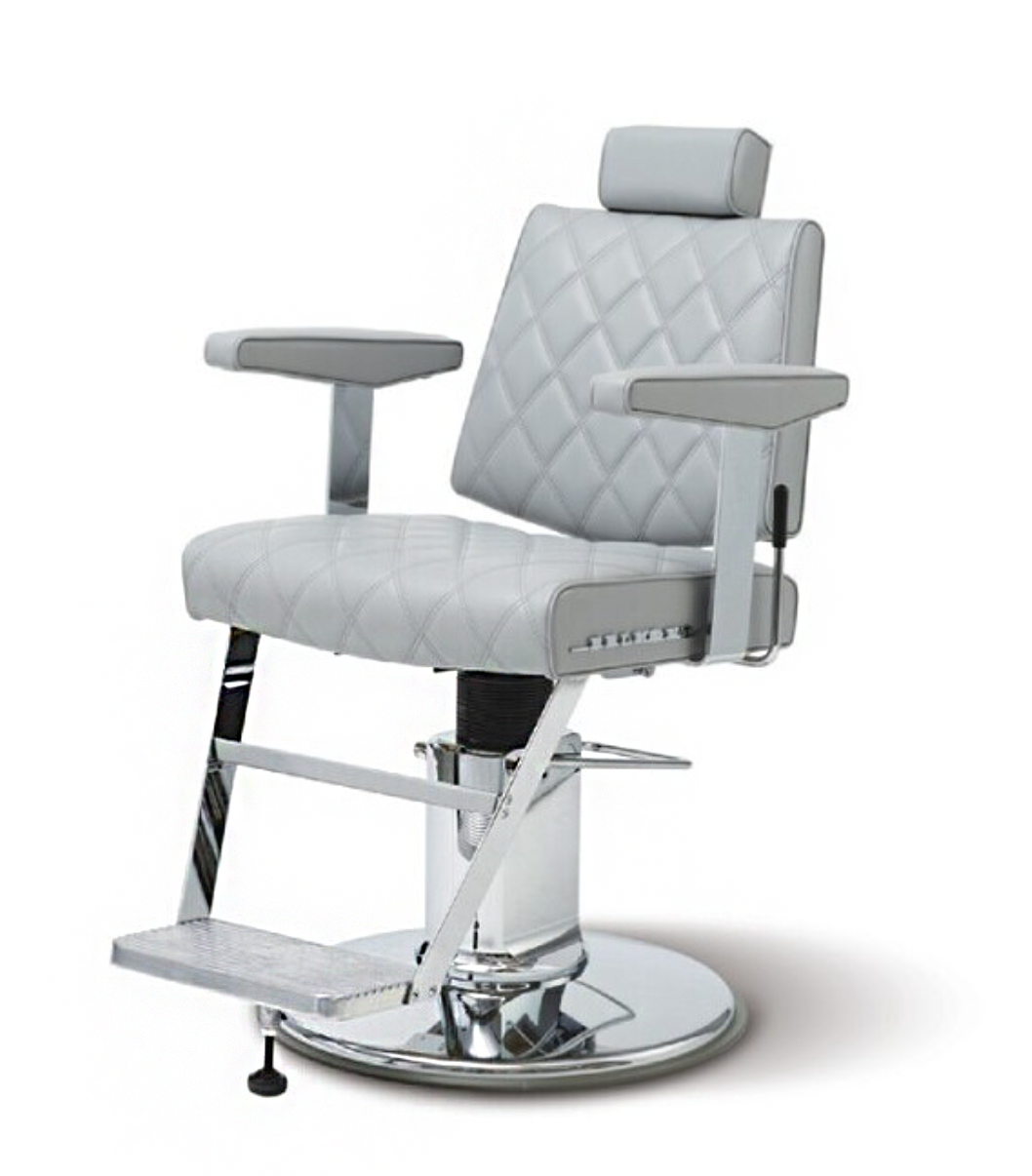 Takara Belmont Dainty Icon barber chair with light grey diamond-stitched upholstery and chrome base