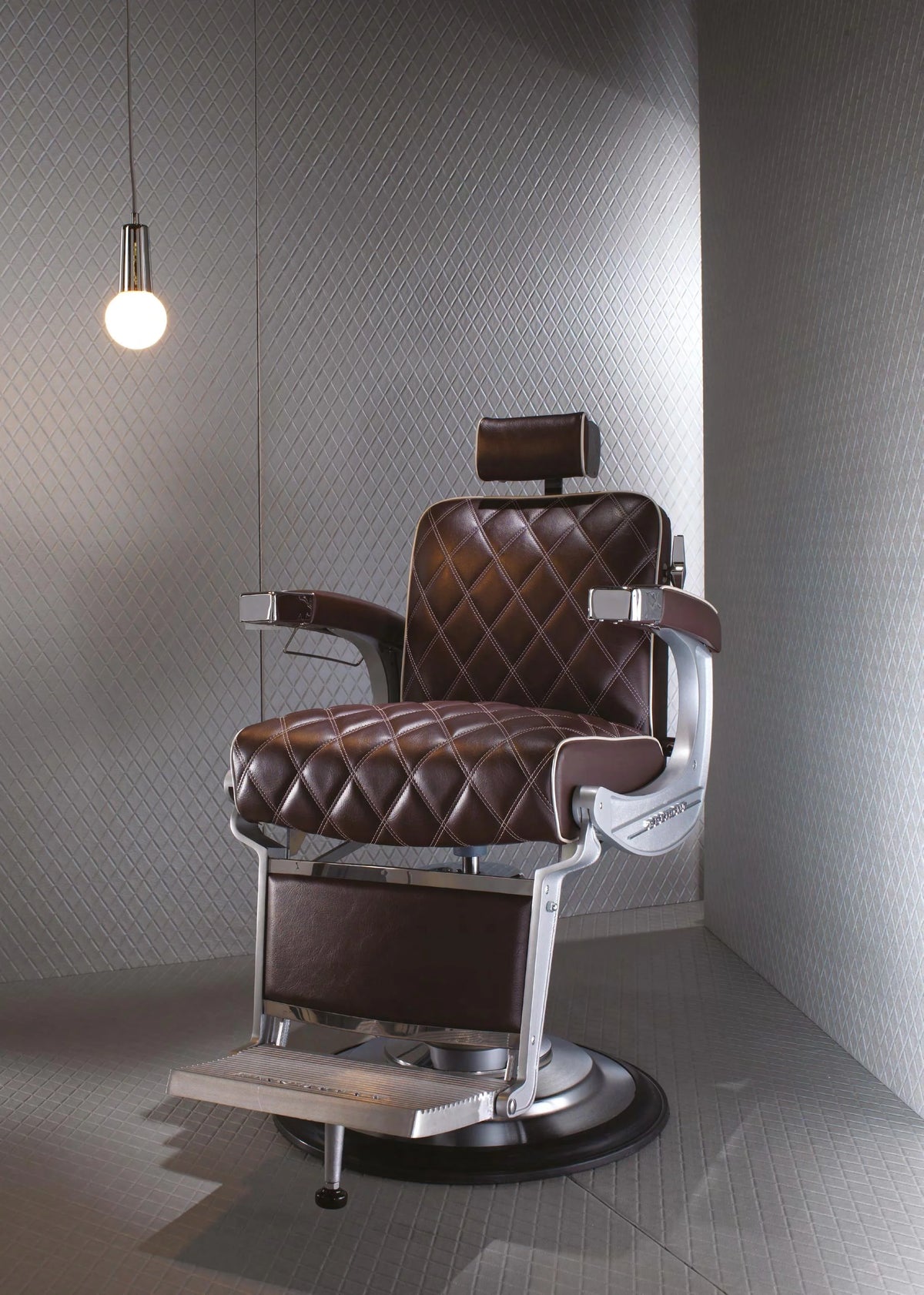 Takara Belmont Elegance 225 Diamond Stitch barber chair with brown vinyl upholstery