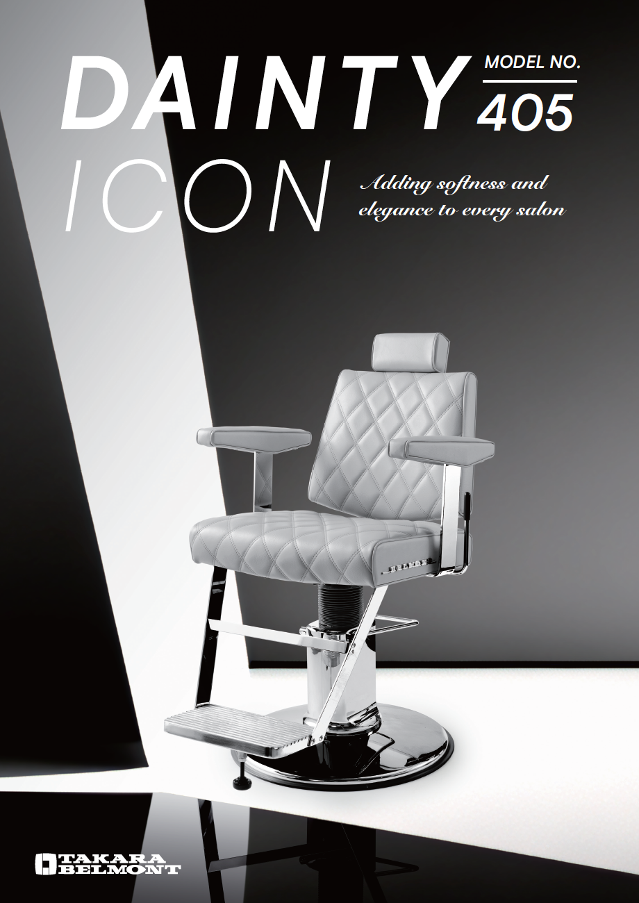 Takara Belmont Dainty Icon BB-405 promotional image showing light grey diamond-stitched upholstery