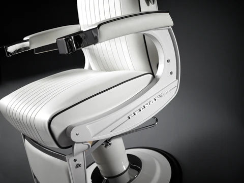 White vinyl seat and armrest detail on the 225 Elite White Elegance barber chair