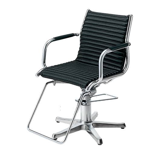 The Takara Belmont Fiore salon styling chair with a black ribbed faux-leather seat and backrest, supported by a chrome-finished metal frame and five-star base on a white background.
