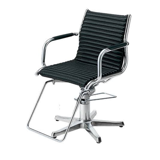 The Takara Belmont Fiore salon styling chair with a black ribbed faux-leather seat and backrest, supported by a chrome-finished metal frame and five-star base on a white background.