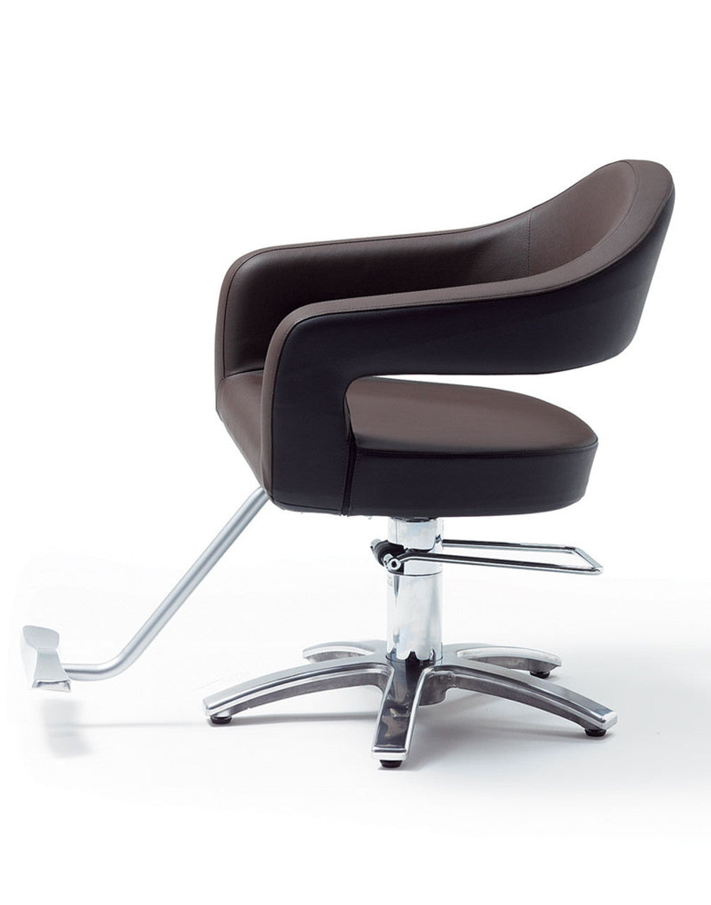 Side view of a brown Takara Belmont Knoll styling chair with a five-spoke base and footrest