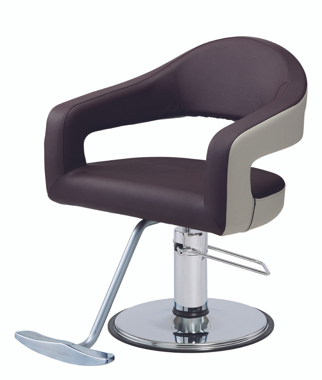 Takara Belmont Knoll styling chair with brown and ivory upholstery on a round chrome base
