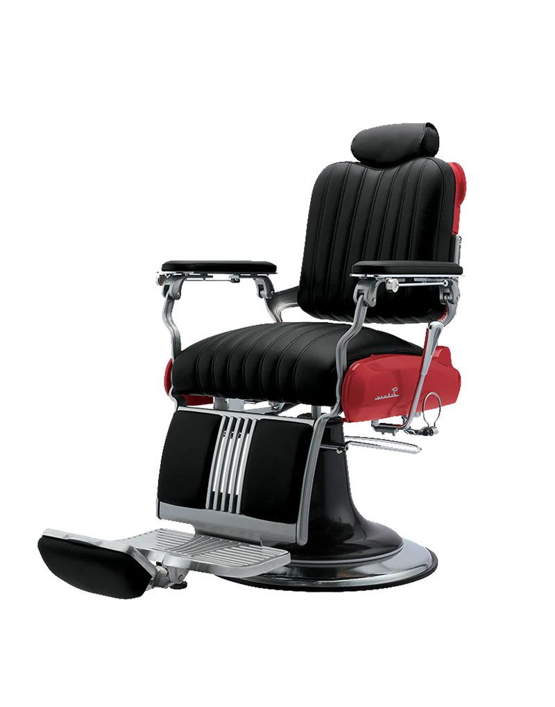 Takara Belmont Legacy 100 Premium Vintage Stripe barber chair with black upholstery and red body